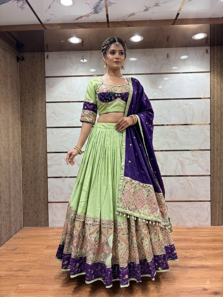 Dandia Lehenga - Light Green with Purple Contrast