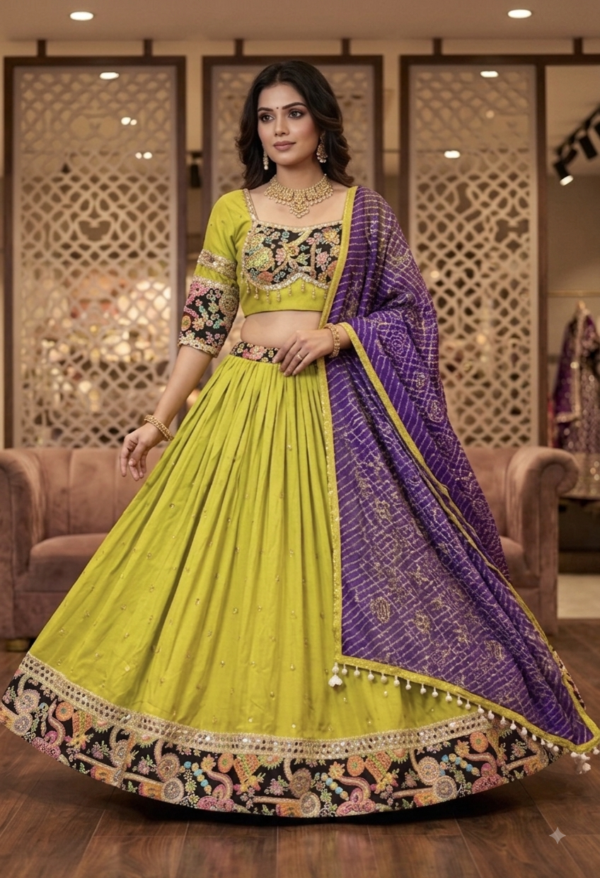 Dandia Lehenga - Lime with Multicolour Border
