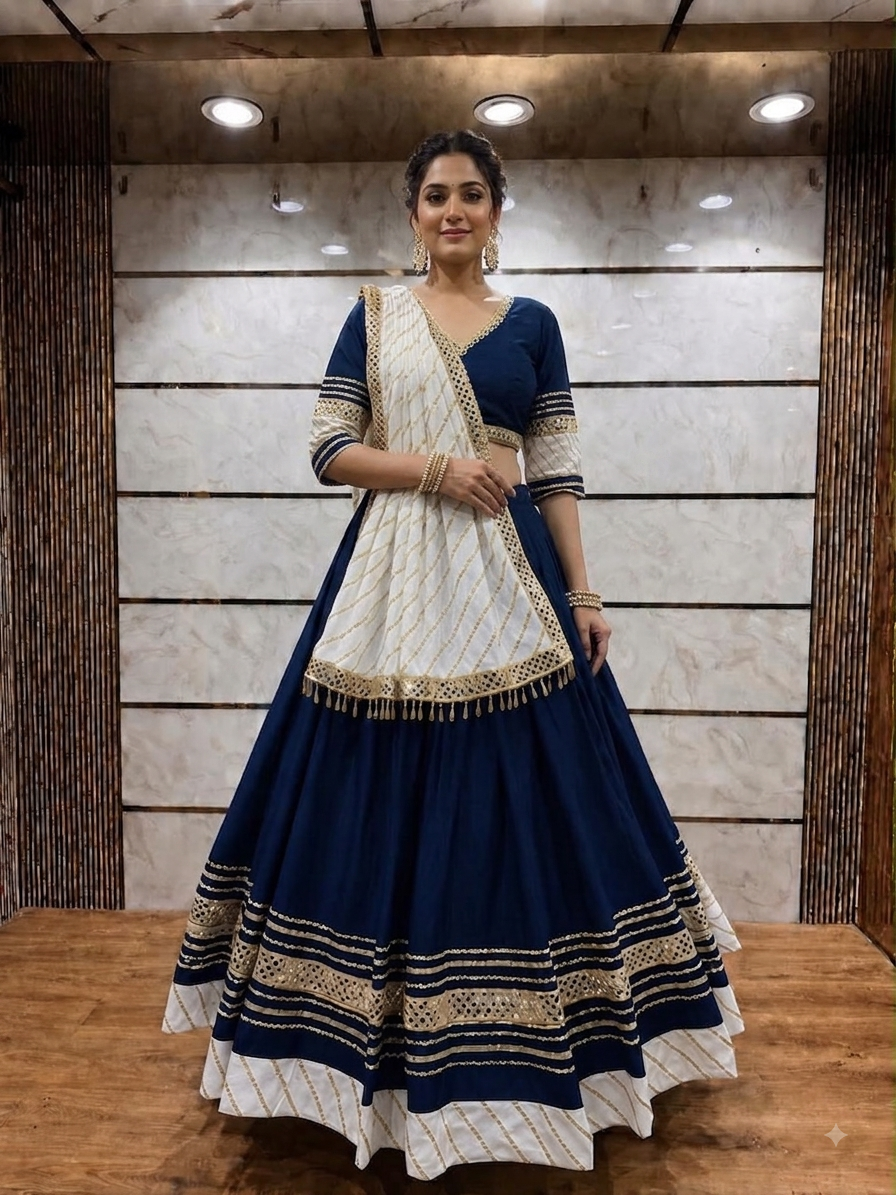 Dandia Lehenga - Navy with Striped Gold-Tone Bands