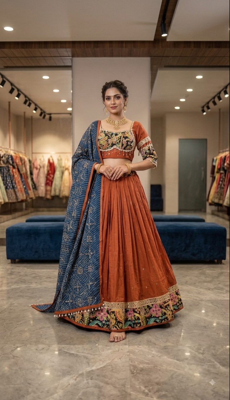 Dandia Lehenga - Orange with Multicolour Border