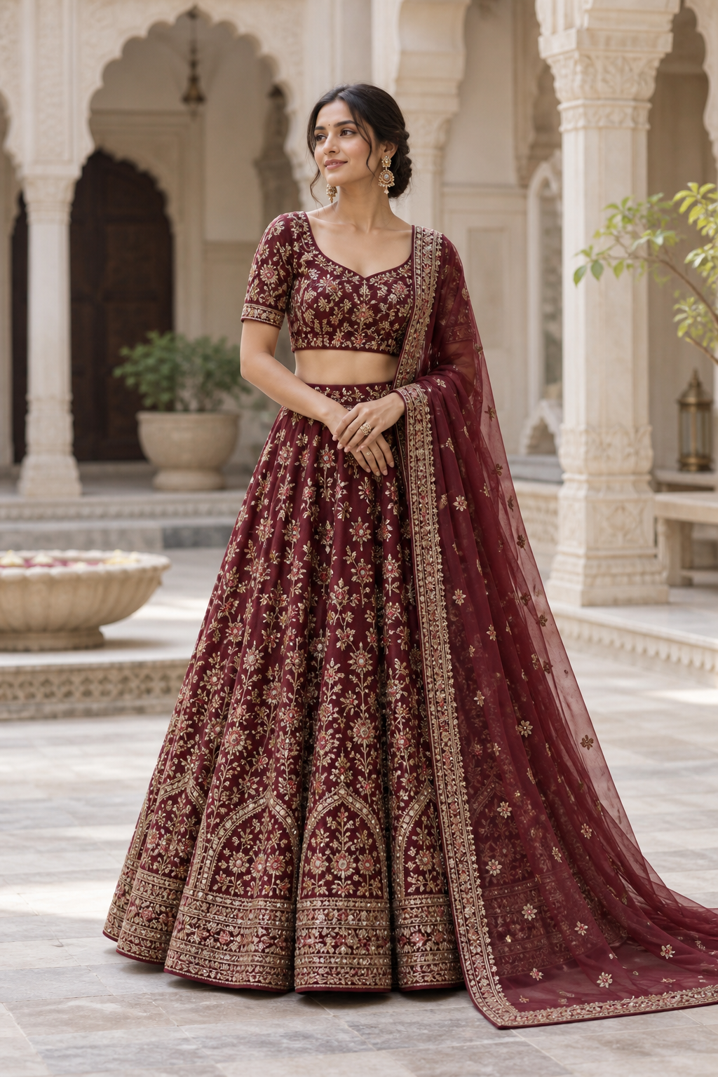 Editorial Indian fashion styling: a garnet embroidered lehenga