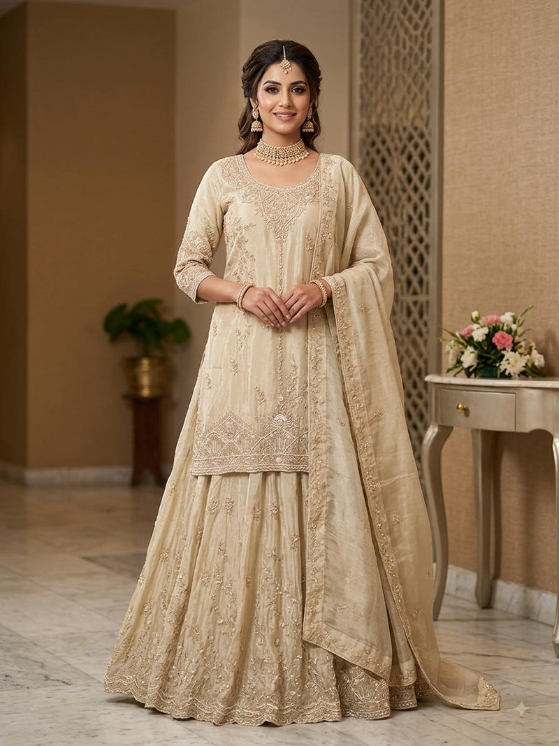 Champagne Lehanga Banarasi Khaddi Georgette