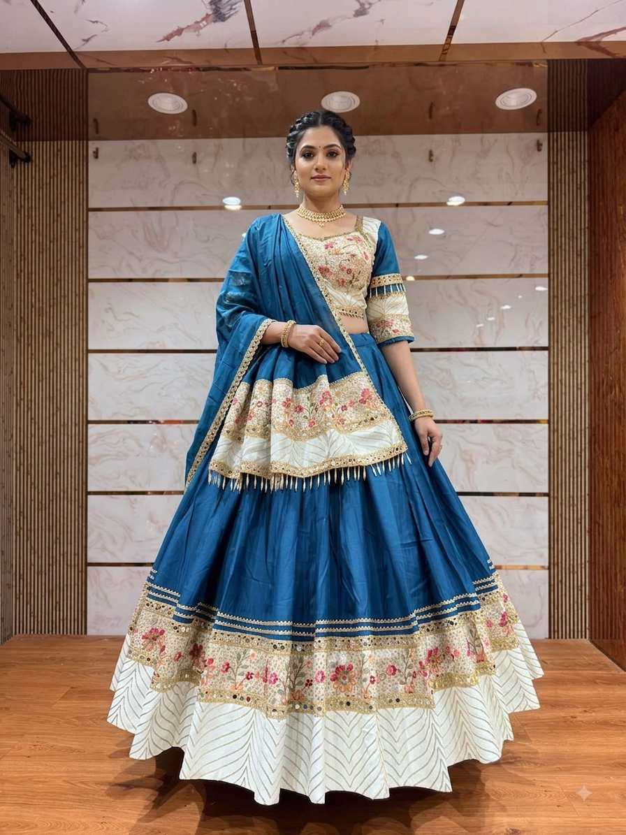 Dandia Lehenga - Blue with Wide Floral Border
