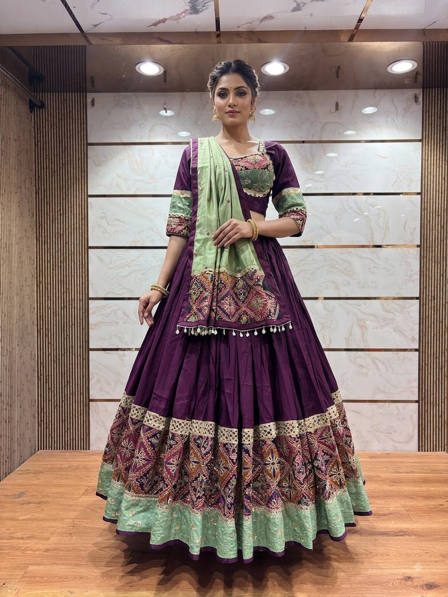 Dandia Lehenga - Purple with Printed Border