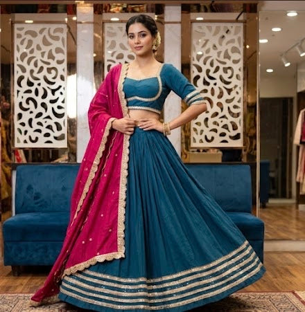 Dandia Lehenga - Teal with Striped Gold-Tone Bands