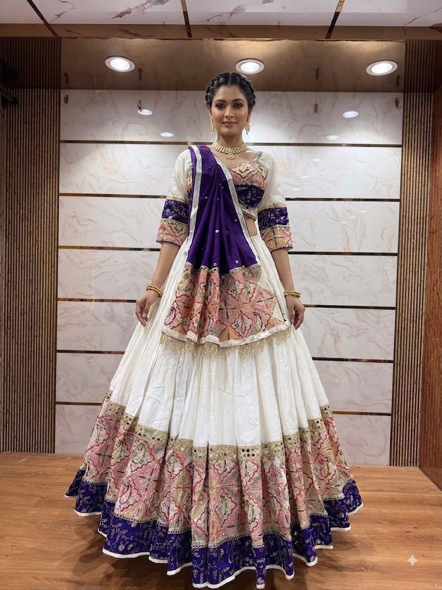 Dandia Lehenga - White with Blue-Purple Contrast