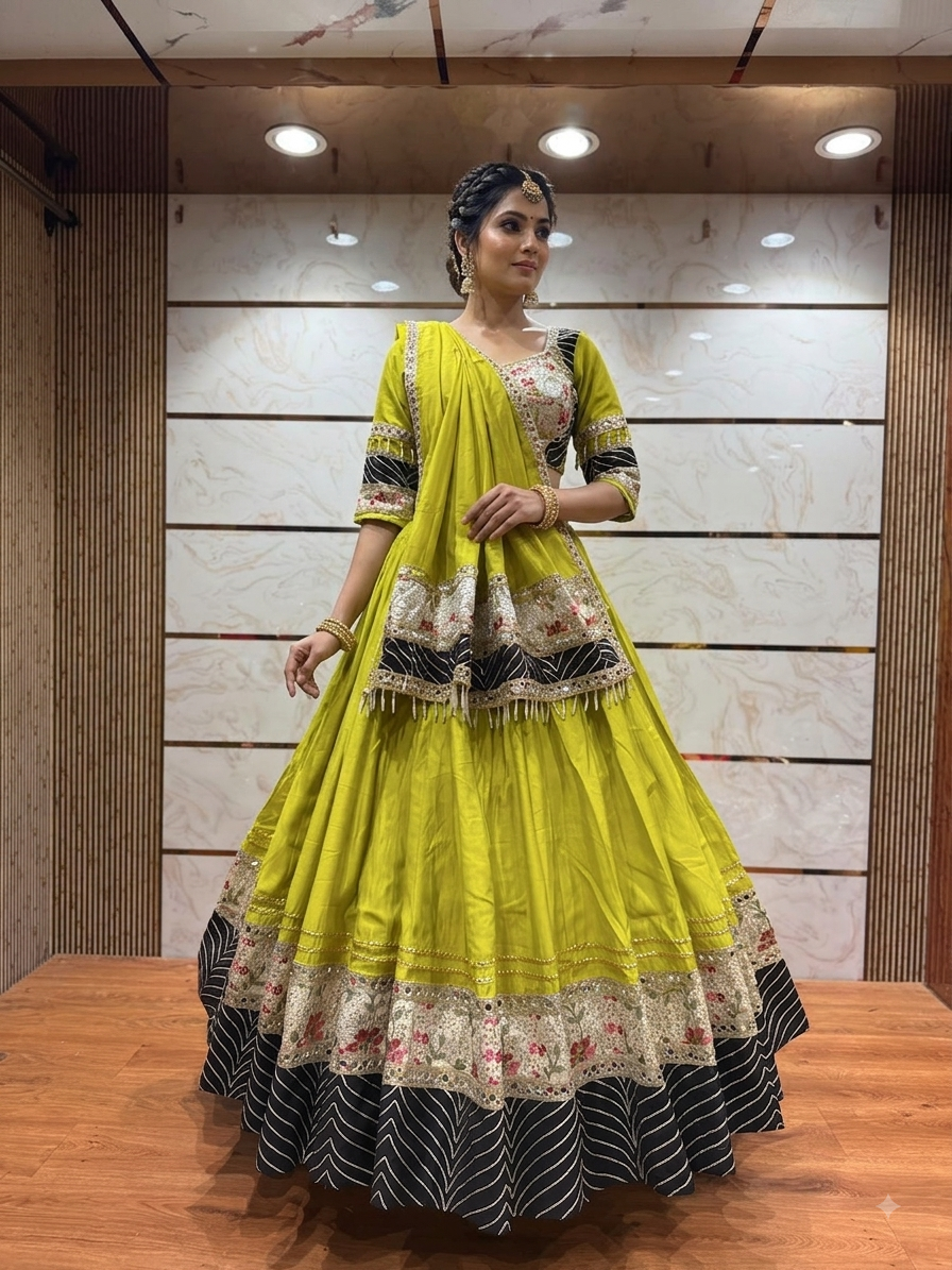 Dandia Lehenga - Yellow with Wide Floral Border