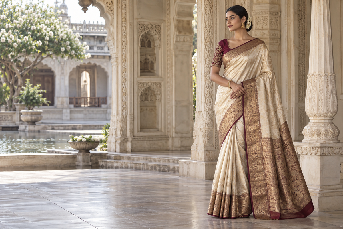 Editorial Indian fashion styling: an ivory saree with gold detailing