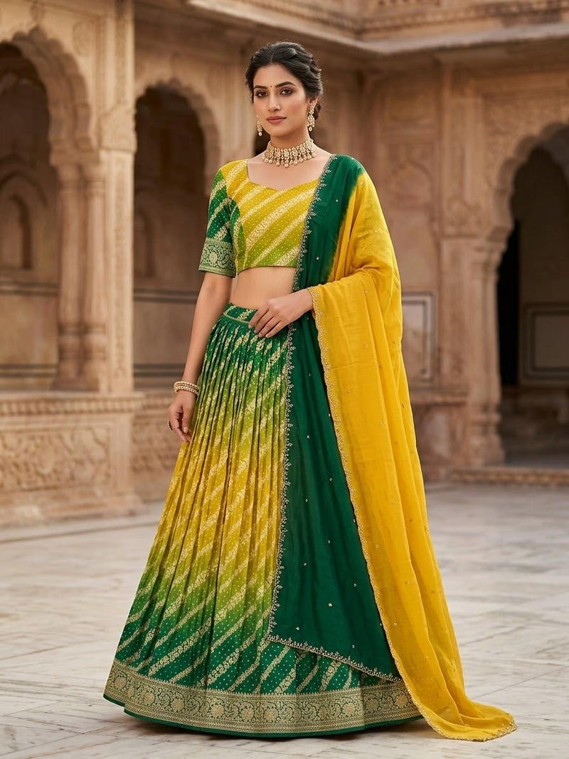 Green and Yellow Lehanga Banarasi Khaddi Georgette