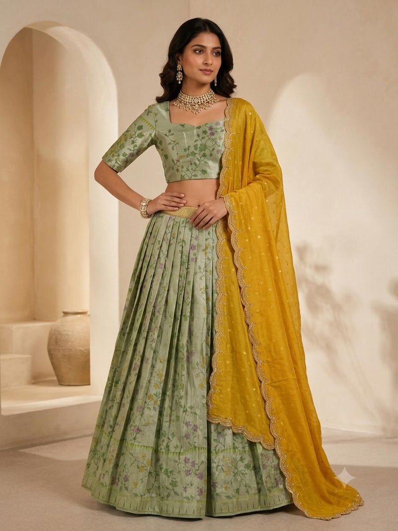 Sage Green Lehanga Banarasi Khaddi Georgette