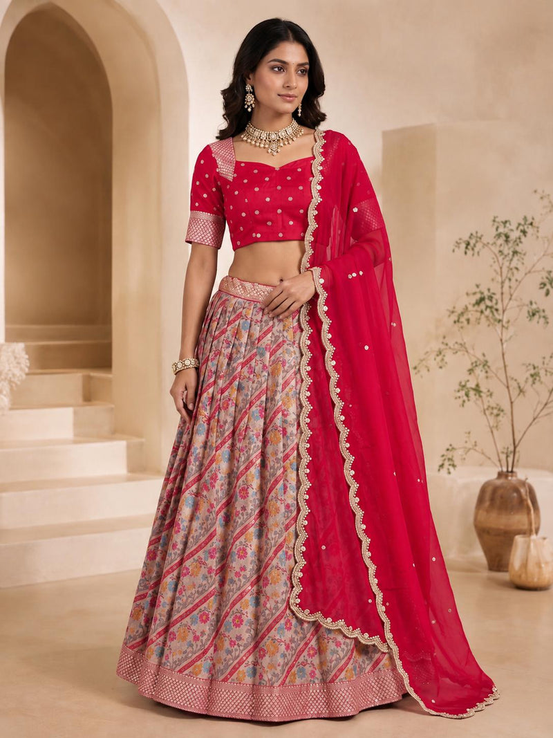 Red Lehanga Banarasi Khaddi Georgette