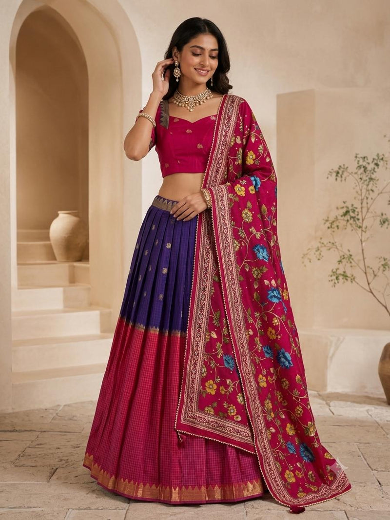 Magenta and Purple Lehanga Banarasi Khaddi Georgette