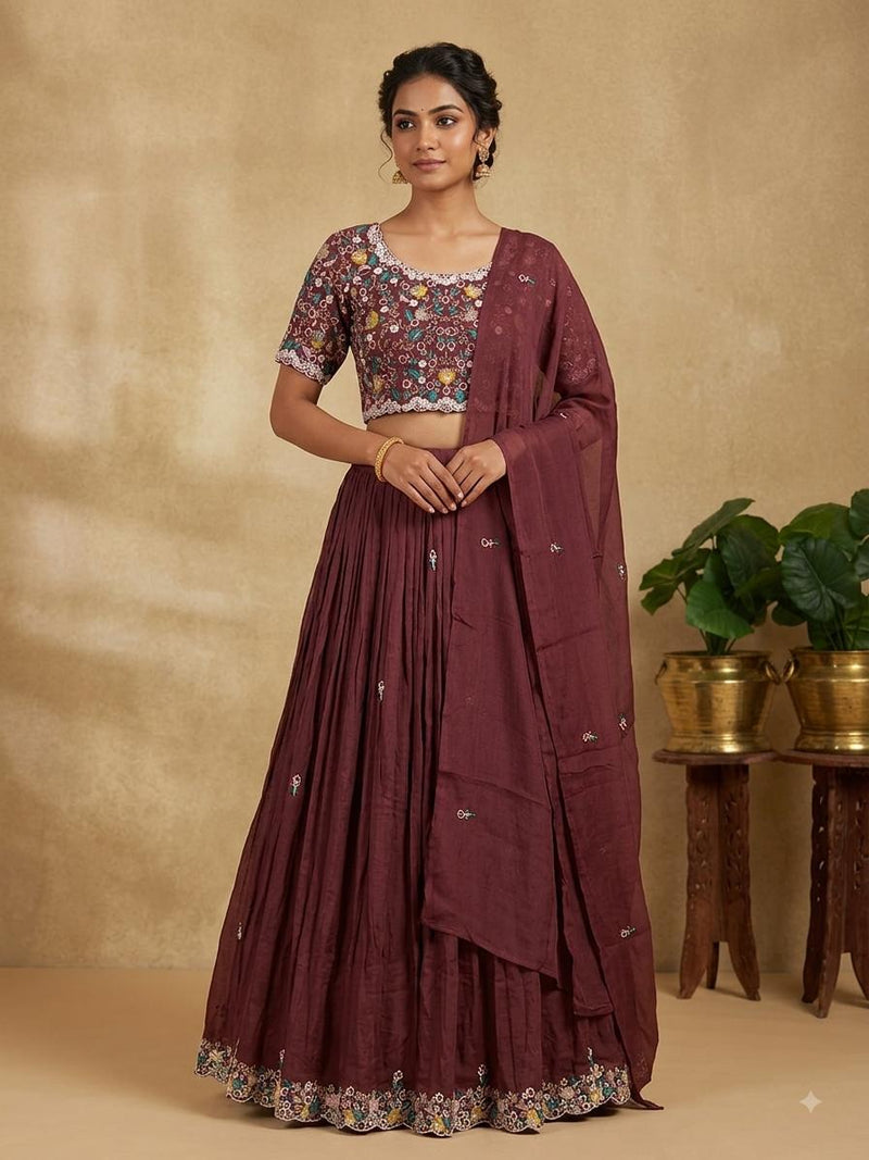 Maroon Lehanga Banarasi Khaddi Georgette
