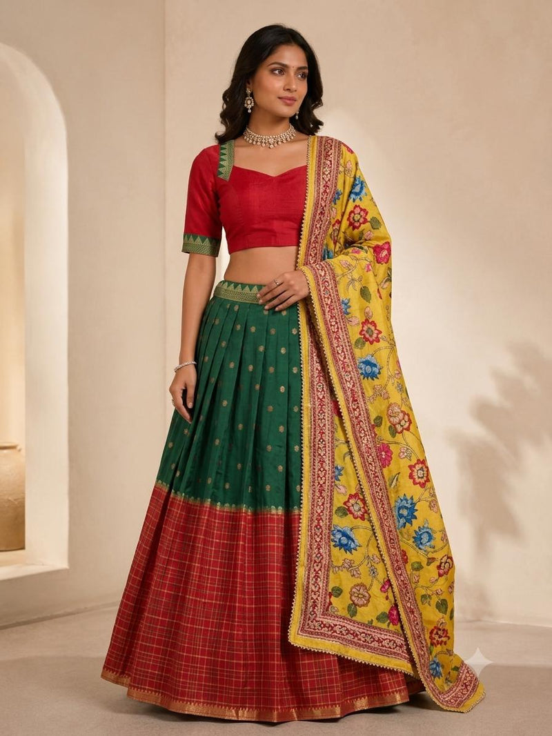 Green and Red Lehanga Banarasi Khaddi Georgette