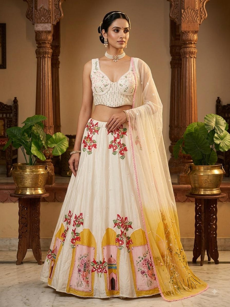 Ivory and Yellow Lehanga Banarasi Khaddi Georgette