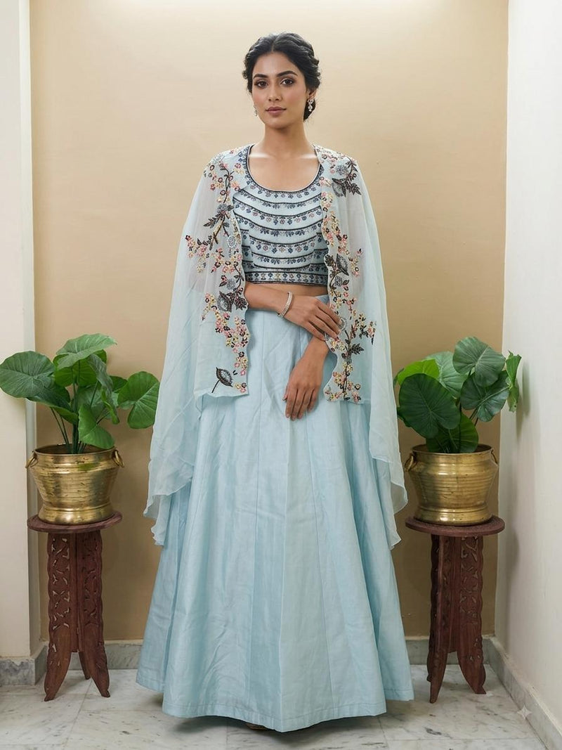 Light Blue Lehanga Banarasi Khaddi Georgette