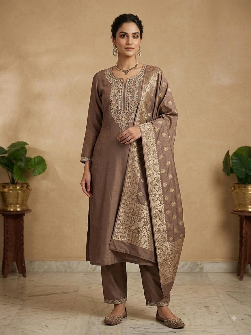 Taupe Lehanga Banarasi Khaddi Georgette