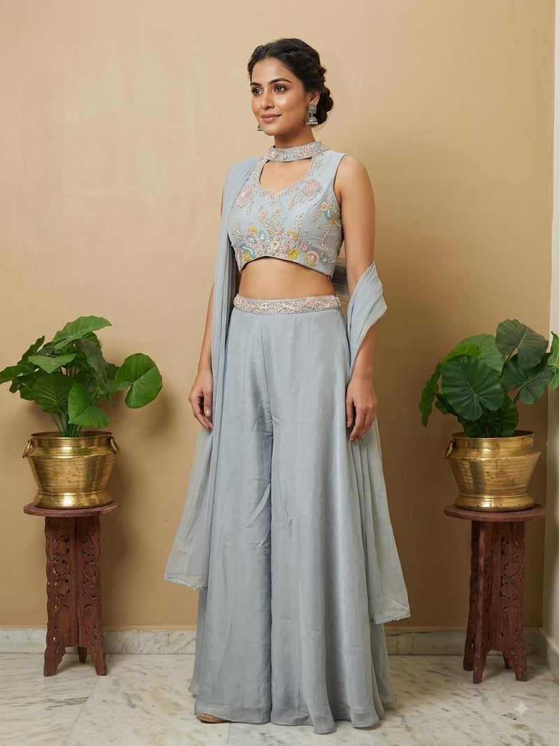 Silver Grey Lehanga Banarasi Khaddi Georgette