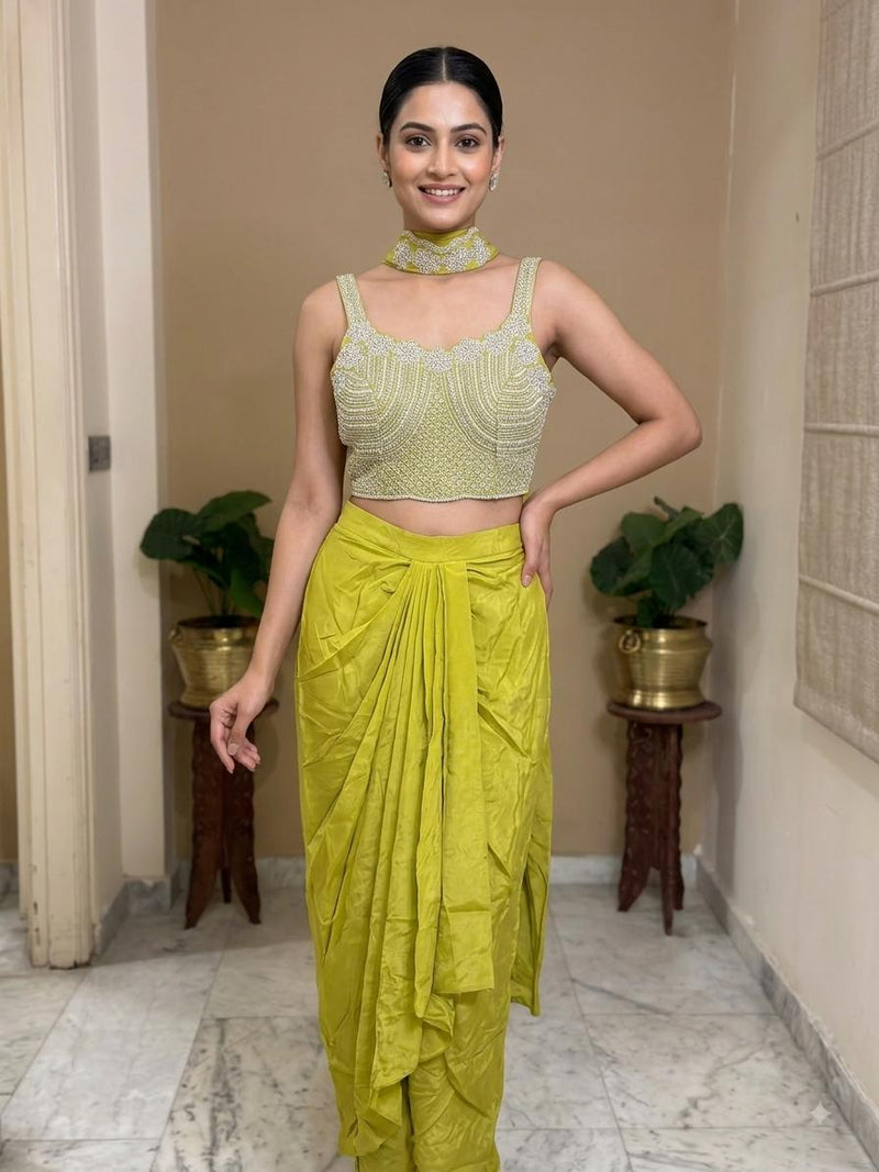 Lime Green Lehanga Banarasi Khaddi Georgette