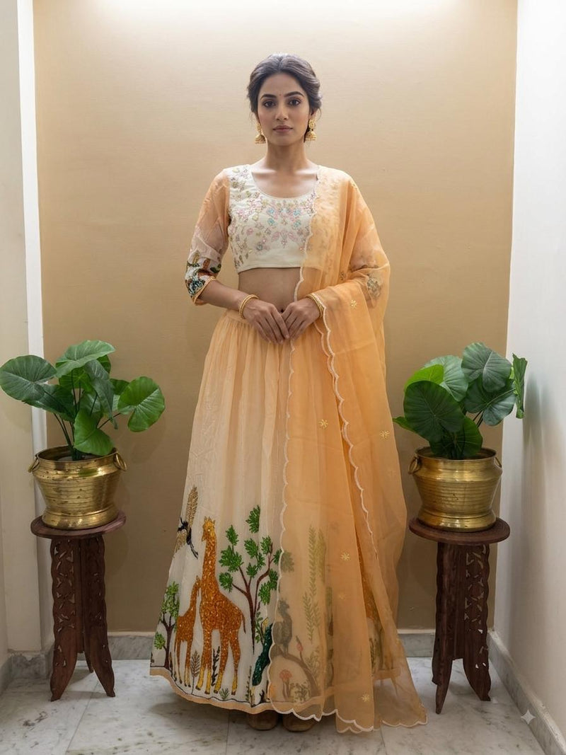 Peach Lehanga Banarasi Khaddi Georgette