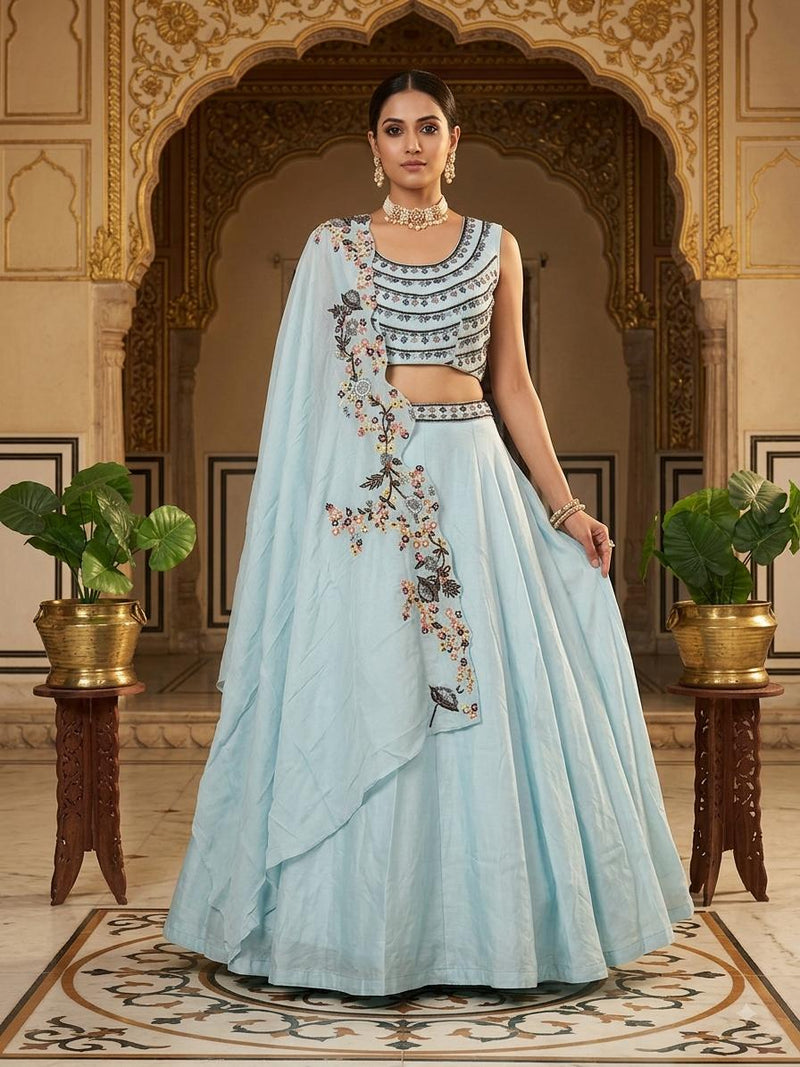 Light Blue Lehanga Banarasi Khaddi Georgette