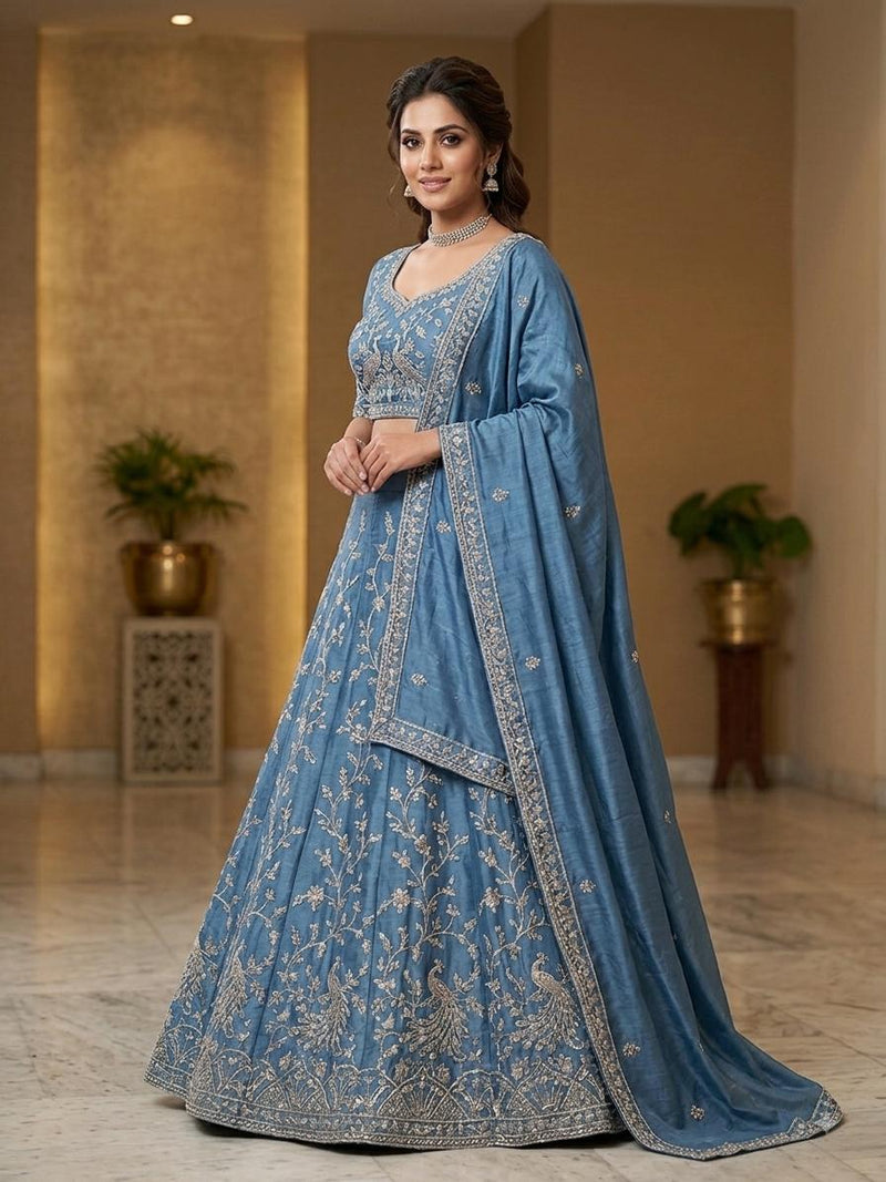 Dusty Blue Lehanga Banarasi Khaddi Georgette