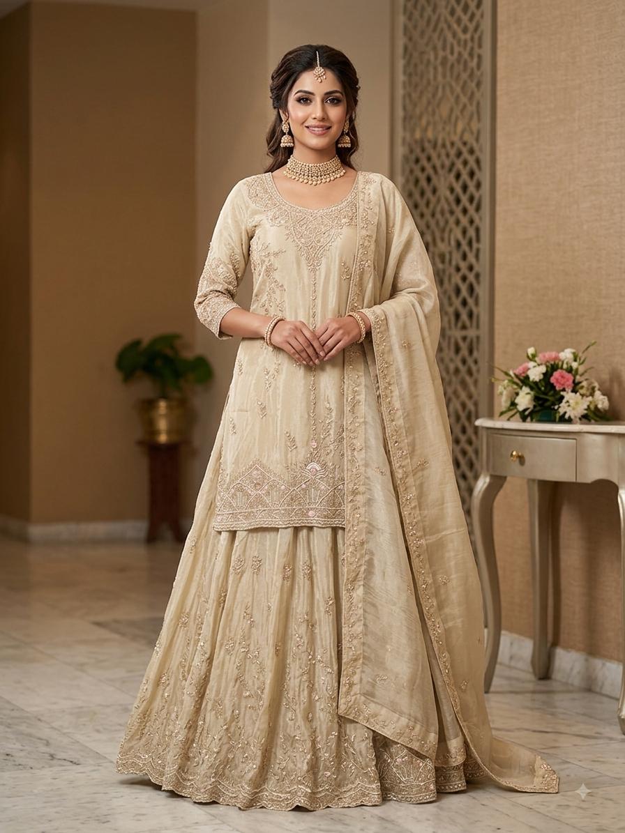 Champagne Lehanga Banarasi Khaddi Georgette