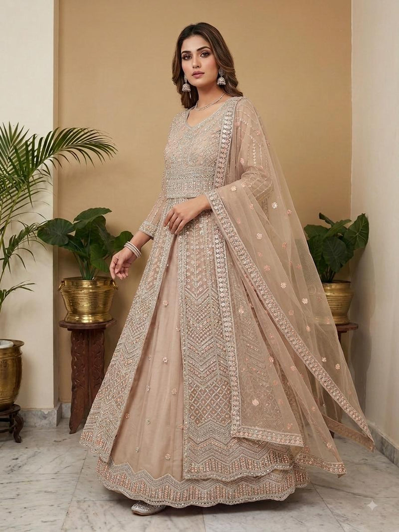 Peach Beige Lehanga Banarasi Khaddi Georgette