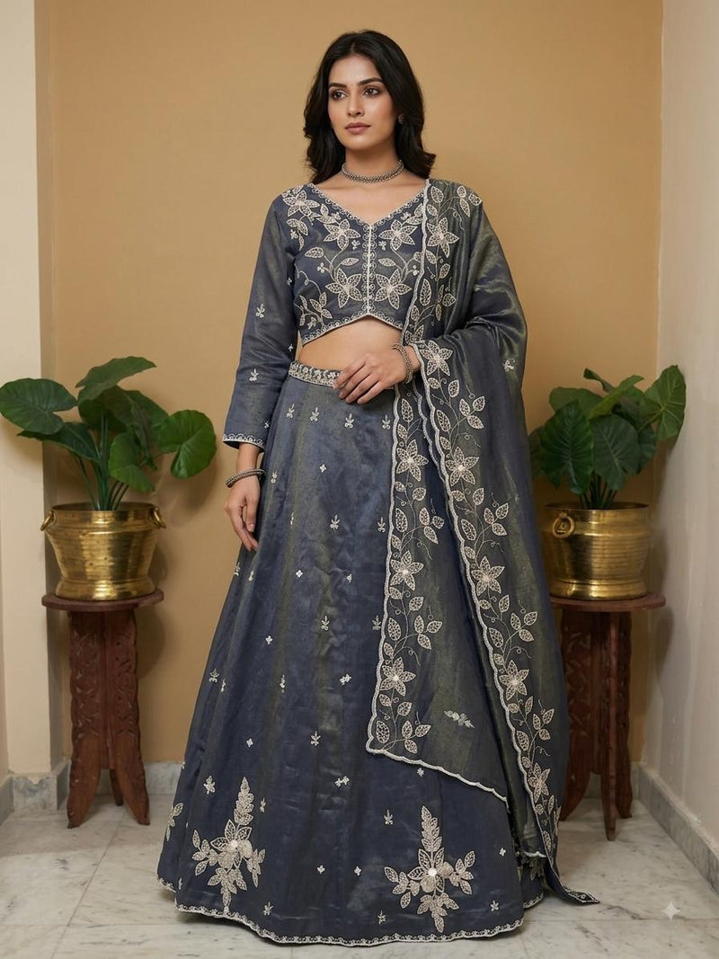 Charcoal Grey Lehanga Banarasi Khaddi Georgette