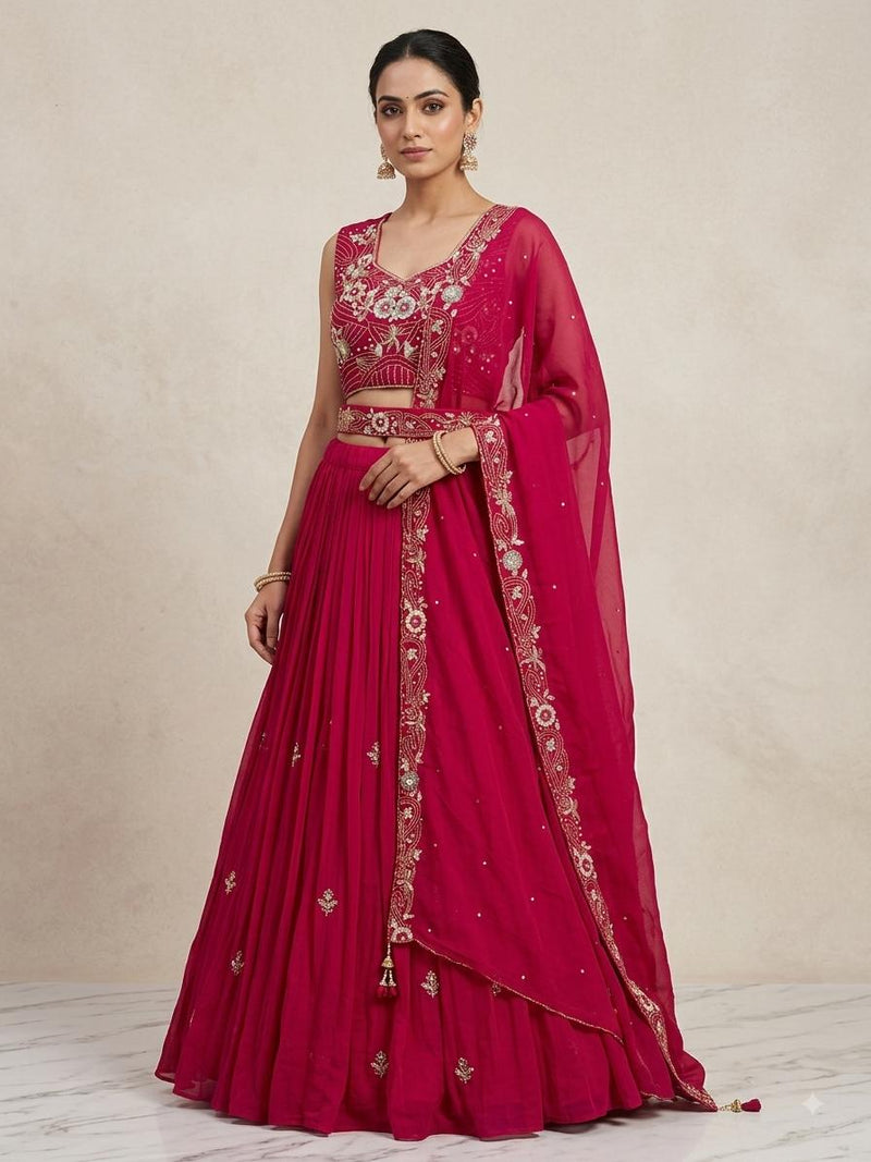 Deep Pink Lehanga Banarasi Khaddi Georgette