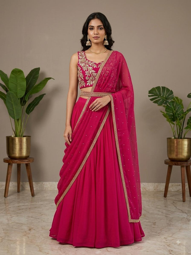 Deep Pink Lehanga Banarasi Khaddi Georgette