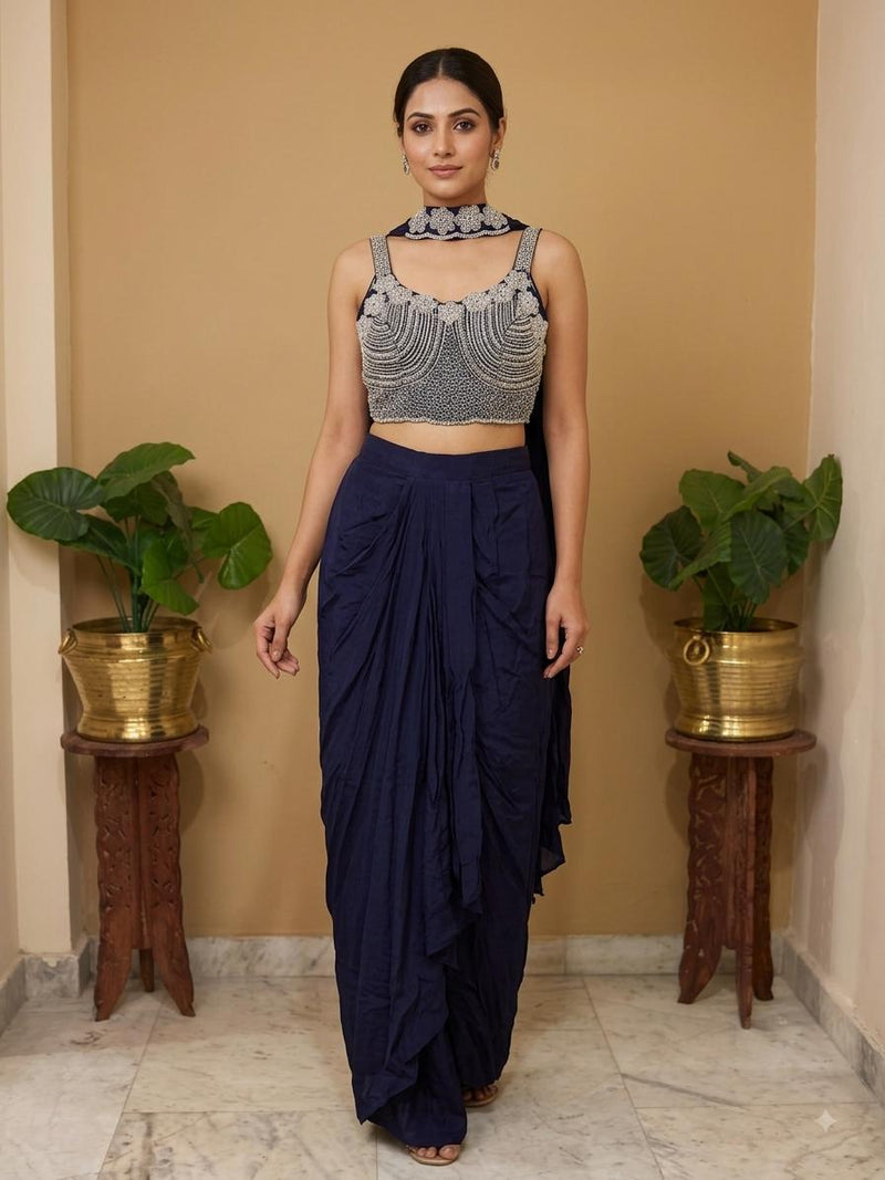 Navy Blue Lehanga Banarasi Khaddi Georgette