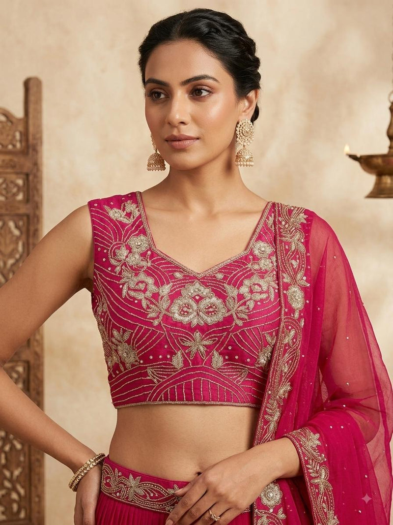 Deep Pink Lehanga Banarasi Khaddi Georgette