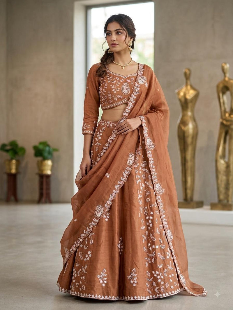 Rust Lehanga Banarasi Khaddi Georgette