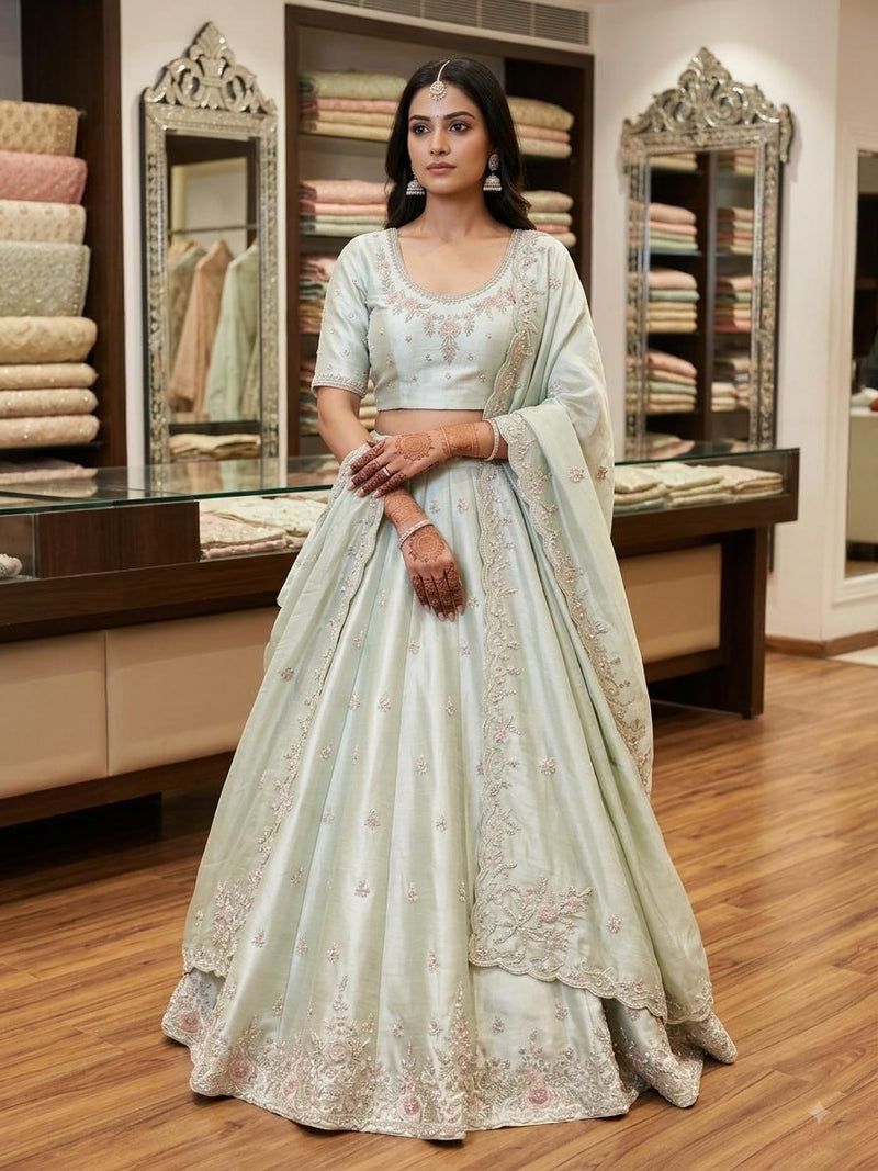 Mint Green Lehanga Banarasi Khaddi Georgette